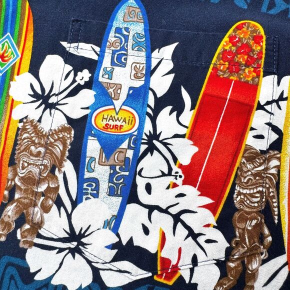 RJC Hawaii Aloha Shirt Mens Medium Blue Surfboard Tiki Floral Camp Button Up - Picture 8 of 9